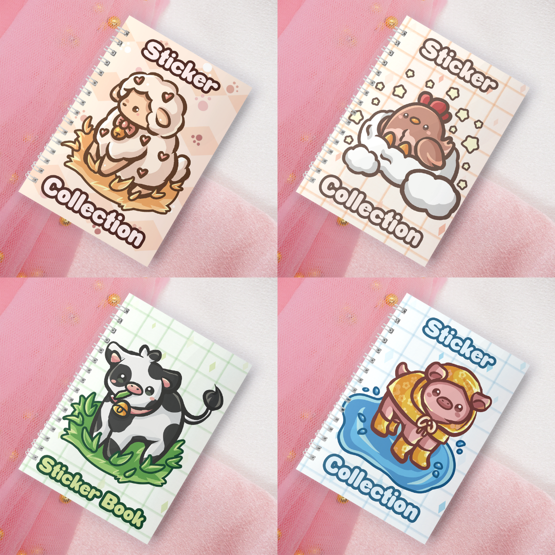 Wiederverwendbares Stickerbuch inkl. 2 zufällige Sticker | A5 | 32 Seiten | Reuseable Stickerbook | Kawaii Farm Animals | Sheep | Cow | Pig | Chicken on Cloud