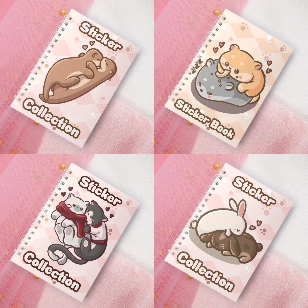 Wiederverwendbares Stickerbuch inkl. 2 zufällige Sticker | A5 | 32 Seiten | Reuseable Stickerbook | Kawaii Valentine Animals | Otter | Cats Neko | Bunnies Bunny | Eepy Hamster mit Sonnenblumenkern Motiv
