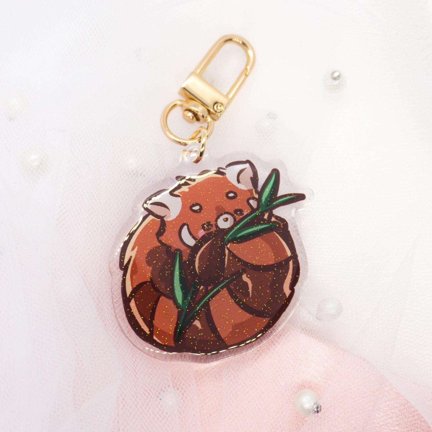 Cute Kawaii Sleeping Red Panda Glitter Keychain