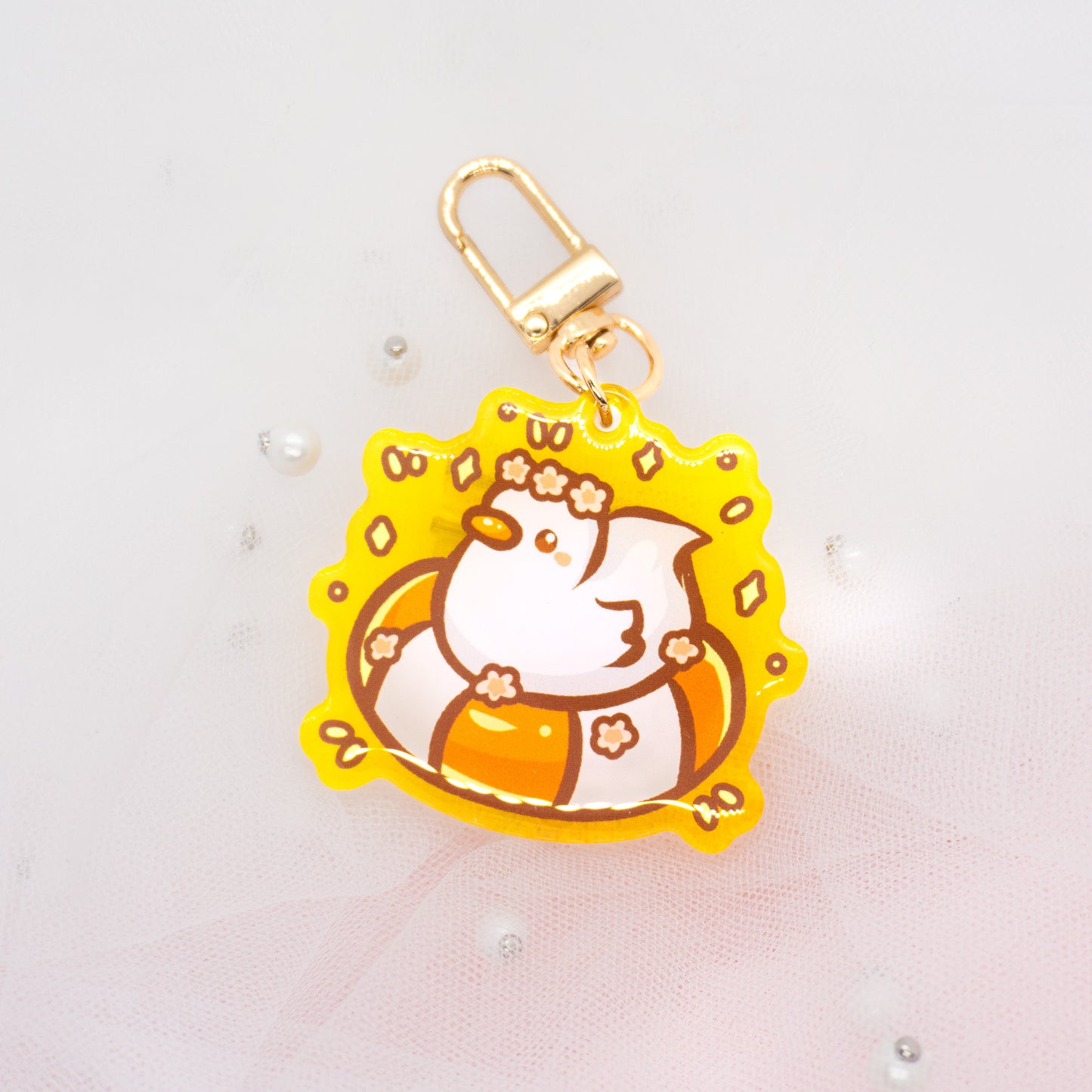 Kawaii Bird Ente mit Schwimmreifen und Blumen Schlüsselanhänger