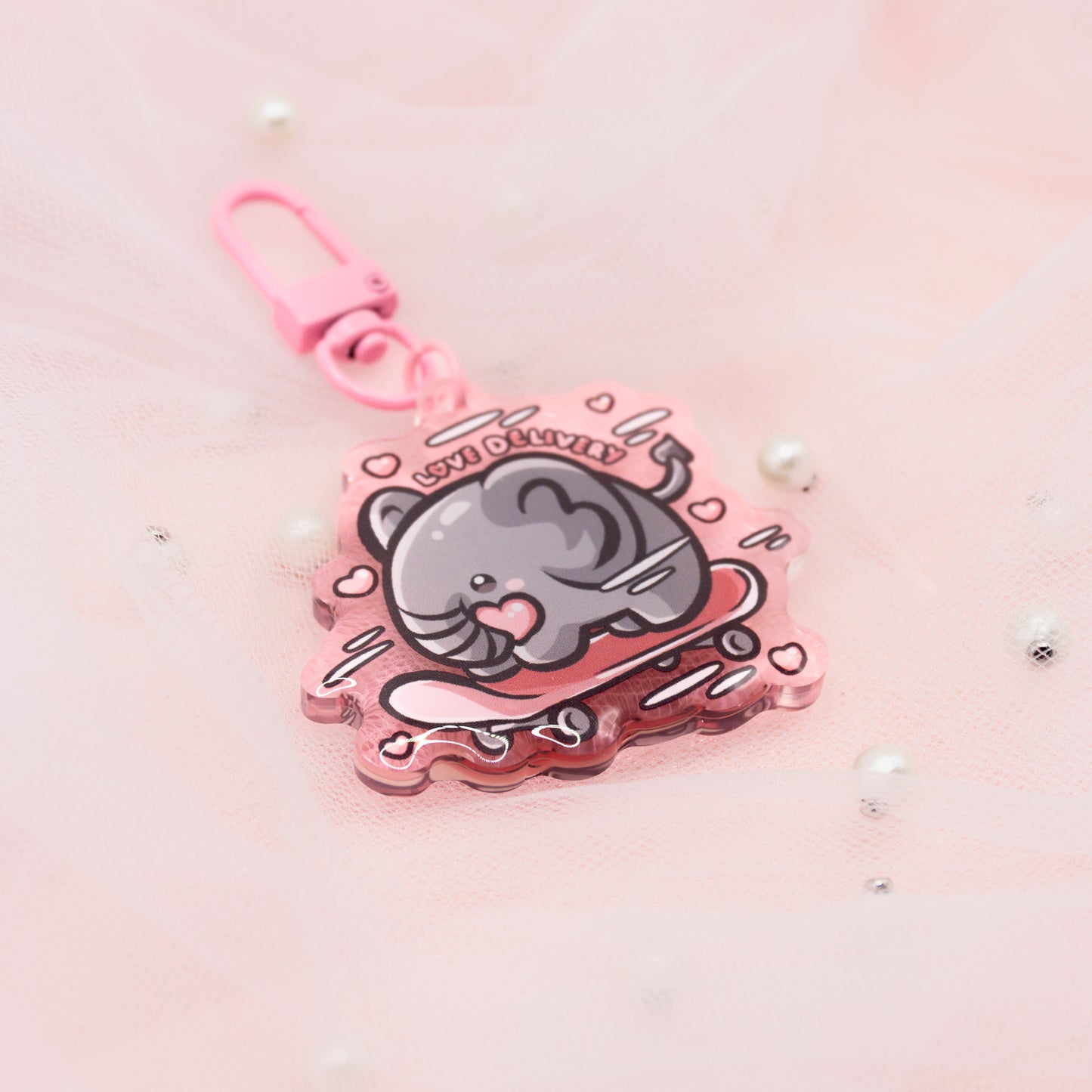 Kawaii Elephant on Skateboard "Love Delivery" Keychain