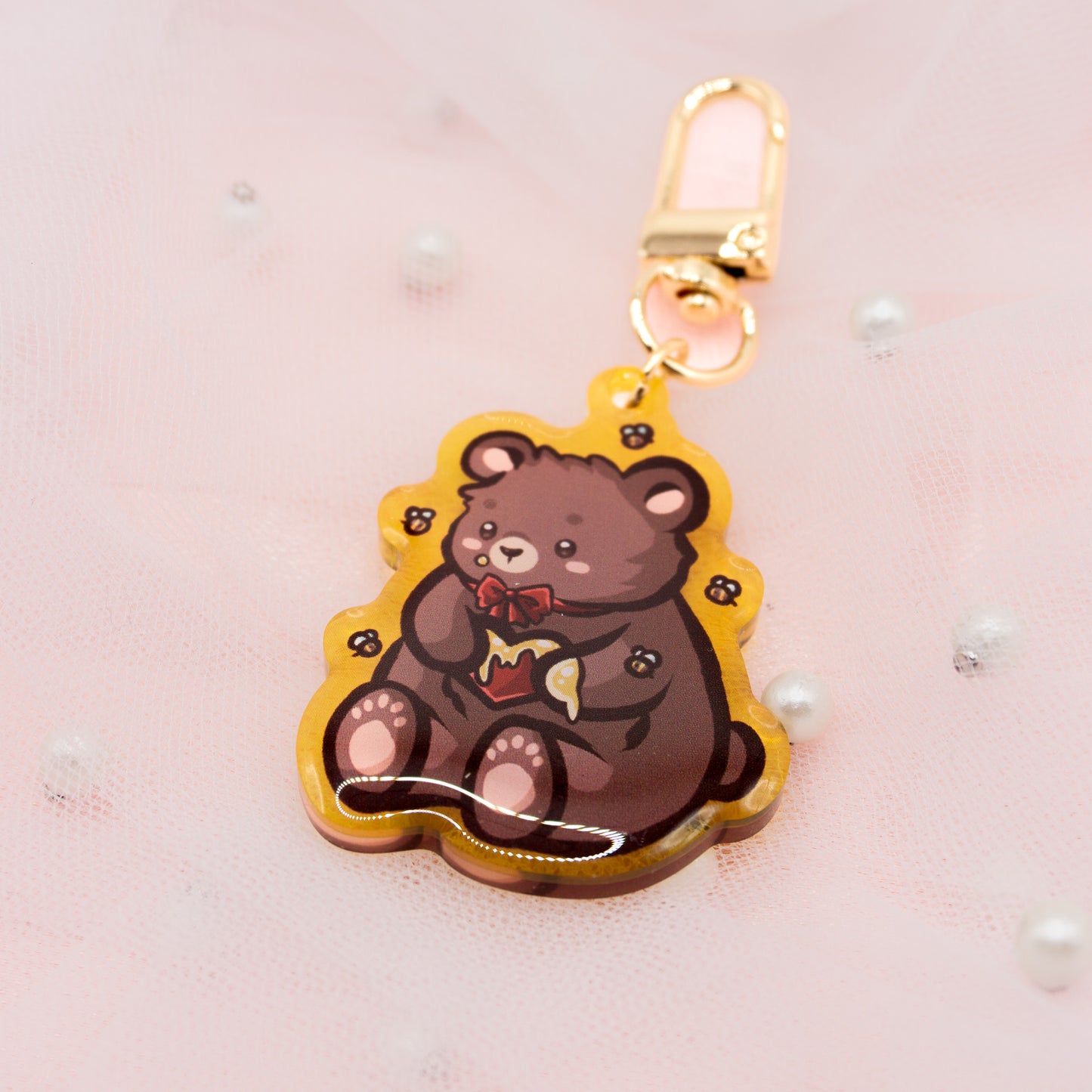 Kawaii Bear with Heart Honey and Bee Keychain