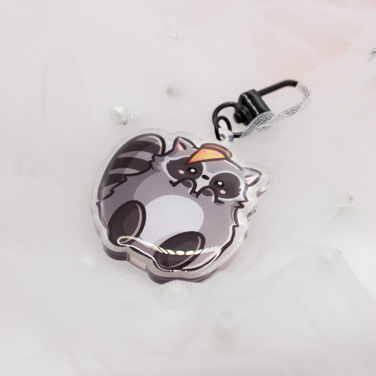 Kawaii raccoon with pizza keychain