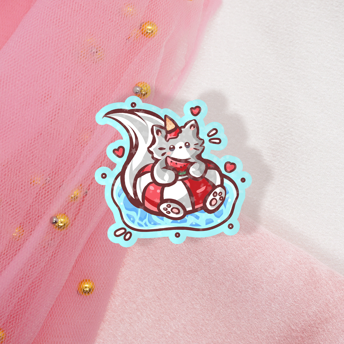 Cute Animal Glitter Sticker Summer Beach Cat