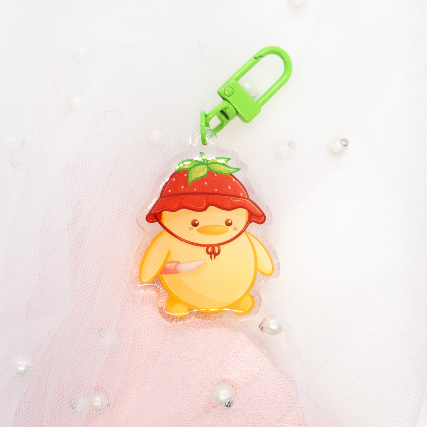 Kawaii Bird Duck with Knife and Frog or Strawberry Hat Keychain