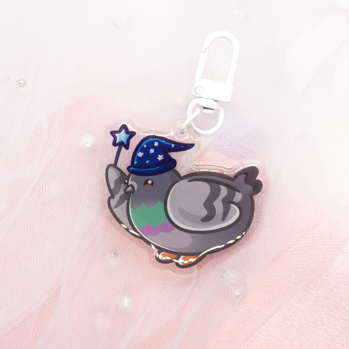 Kawaii pigeon with magic wand or skateboard keychain