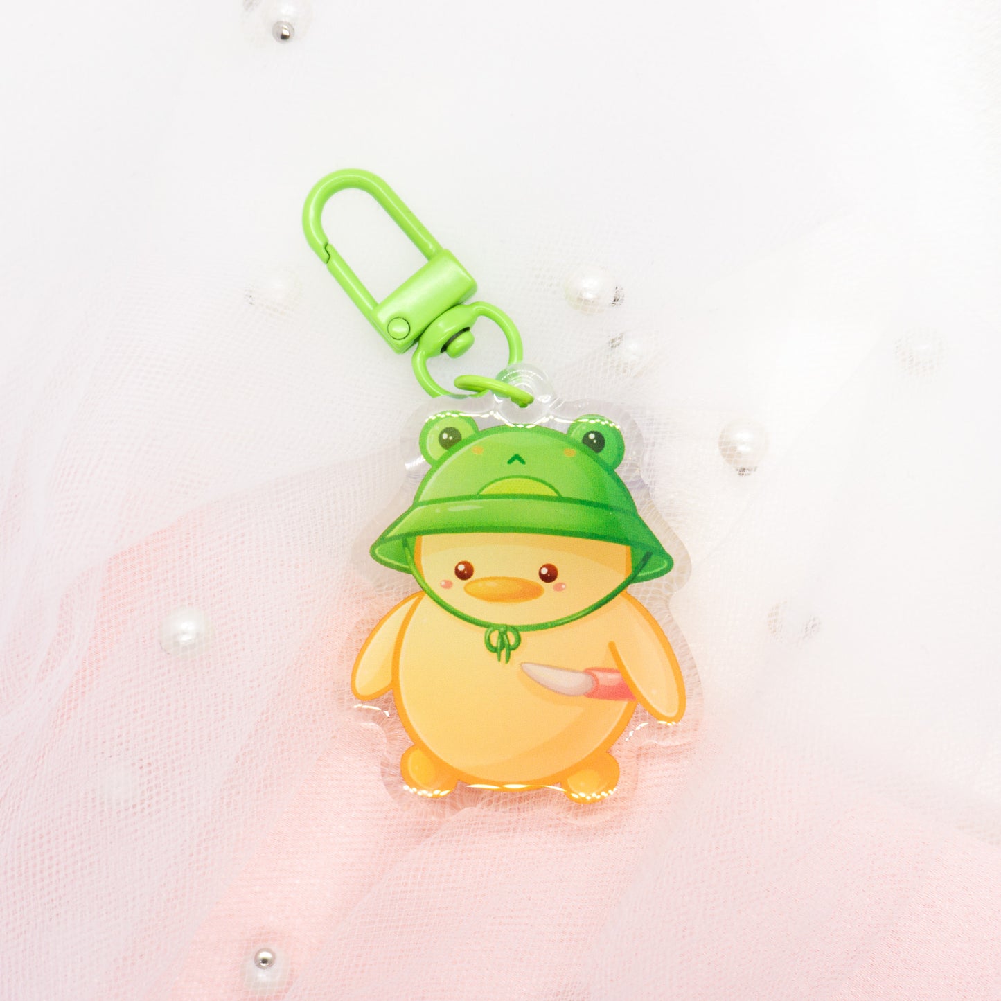 Kawaii Bird Duck with Knife and Frog or Strawberry Hat Keychain