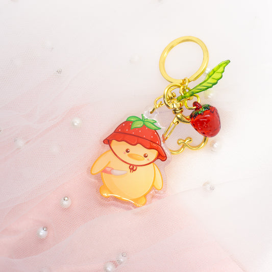 Kawaii Bird Duck with Knife, Strawberry Hat and Strawberry Charm - Double Keychain