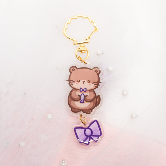 Kawaii Otter with Bow and Fish - Double Keychain