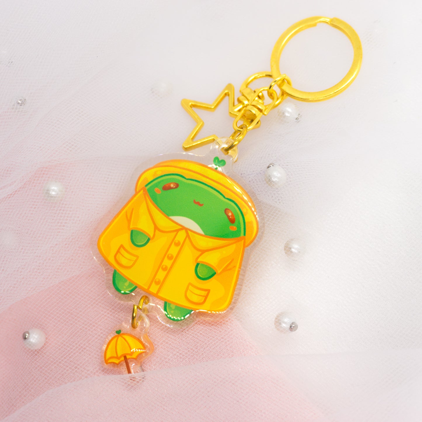 Kawaii Frog in Raincoat with Umbrella - Double Keychain