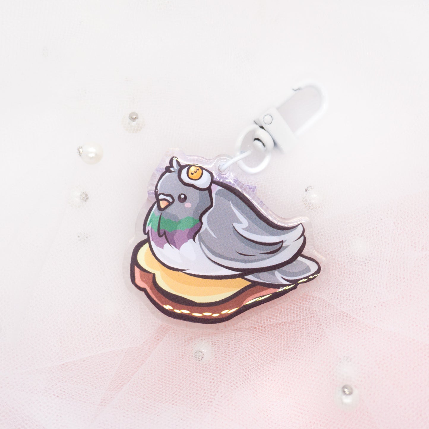 Kawaii Pigeon on Toast with Egg Keychain Charm