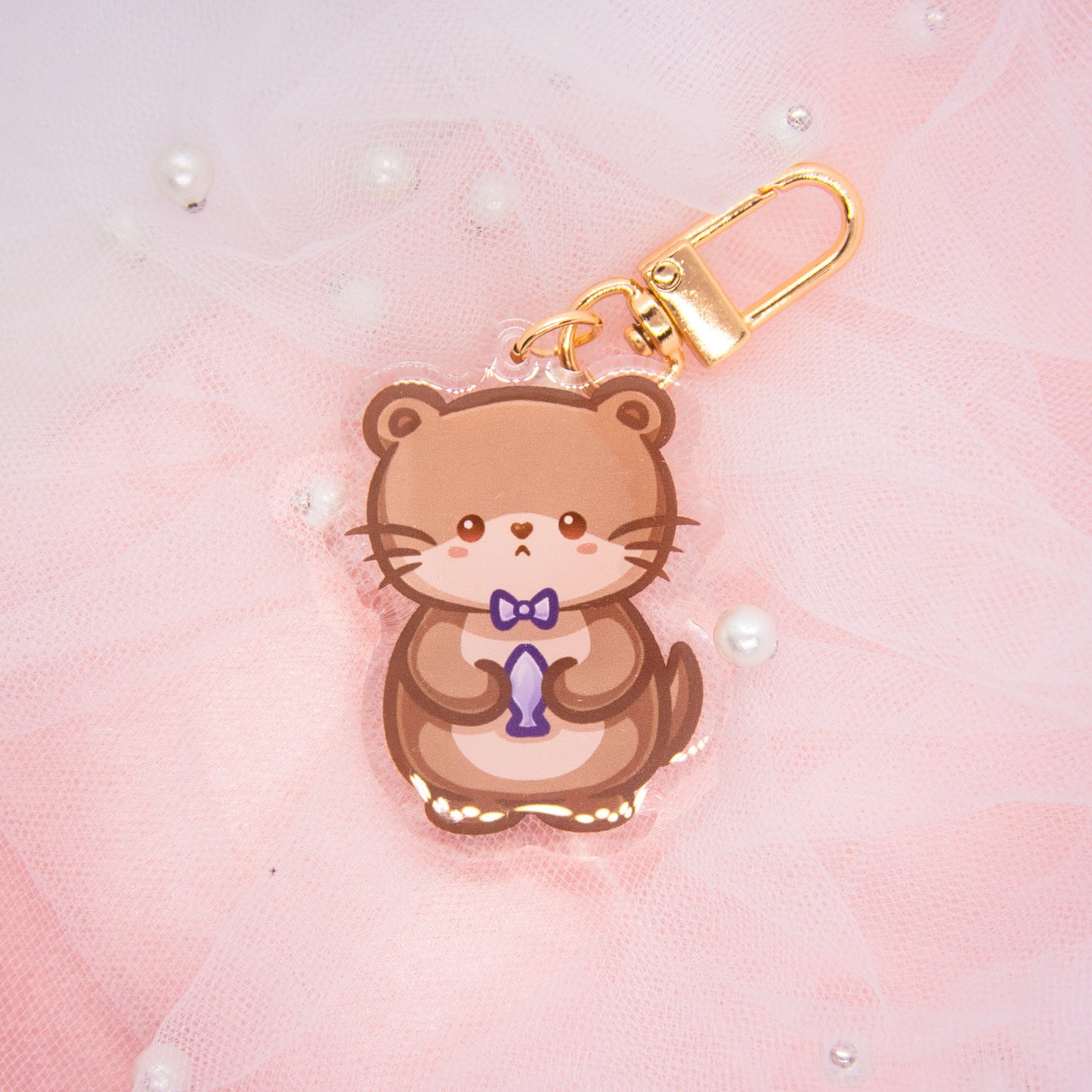 Kawaii Otter with Bow and Fish - Double Keychain