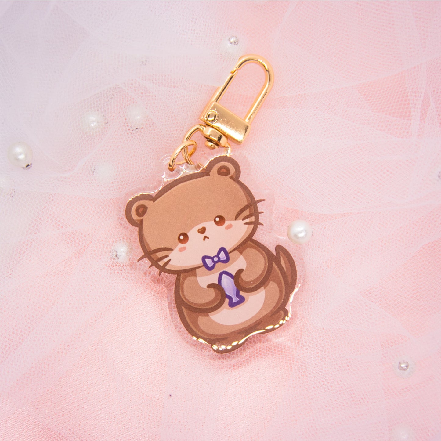 Kawaii Otter with Bow and Fish - Double Keychain