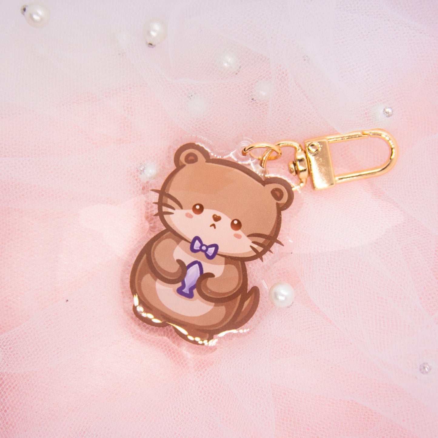 Kawaii Otter with Bow and Fish - Double Keychain