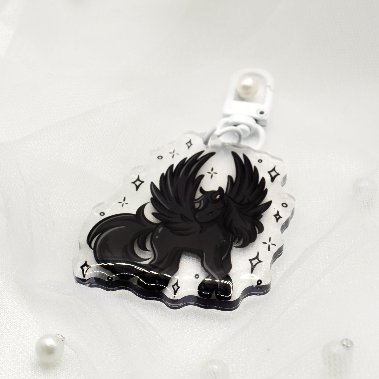 Kawaii Weiß/Schwarzer Pegasus Schlüsselanhänger Charm