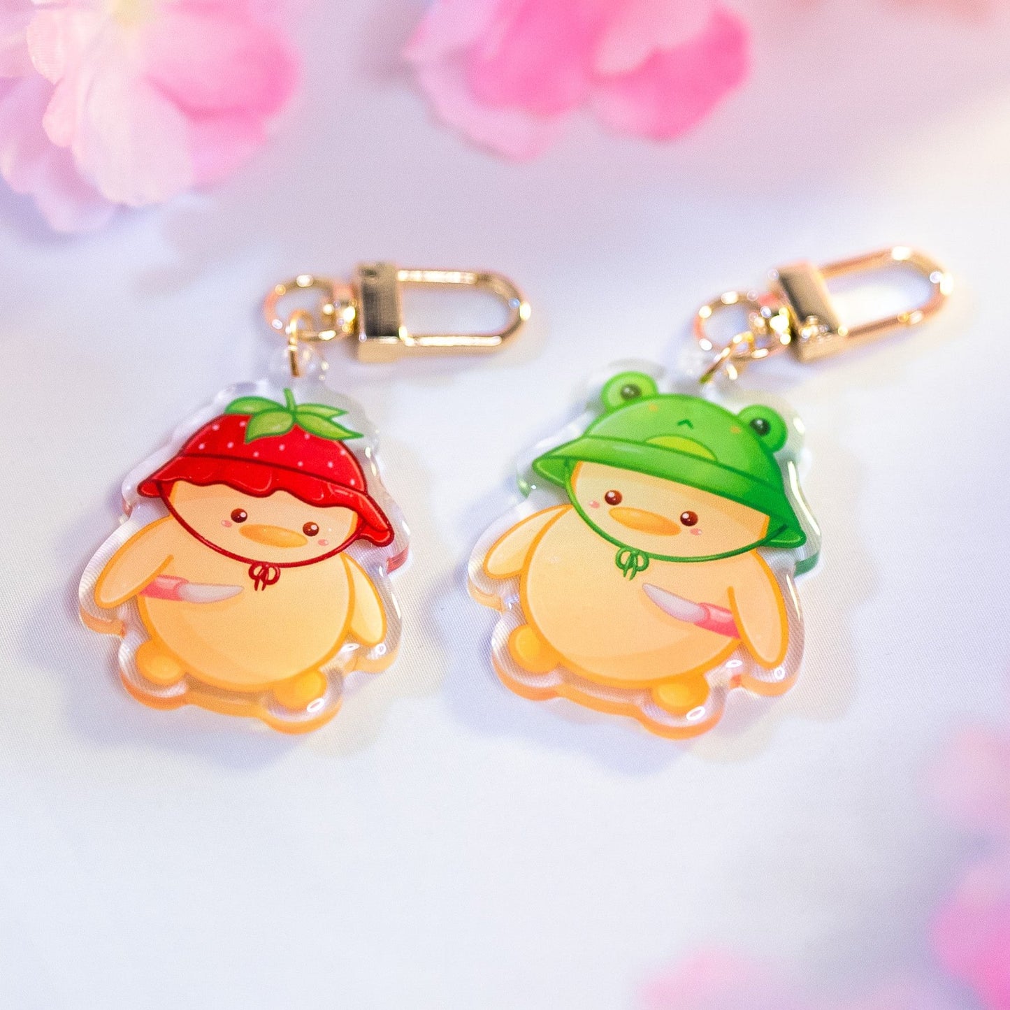 Kawaii Bird Duck with Knife and Frog or Strawberry Hat Keychain