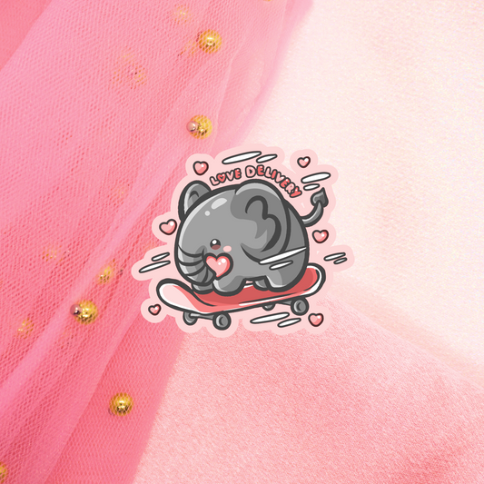 Cute Sticker Love Delivery - Elefant auf Skateboard