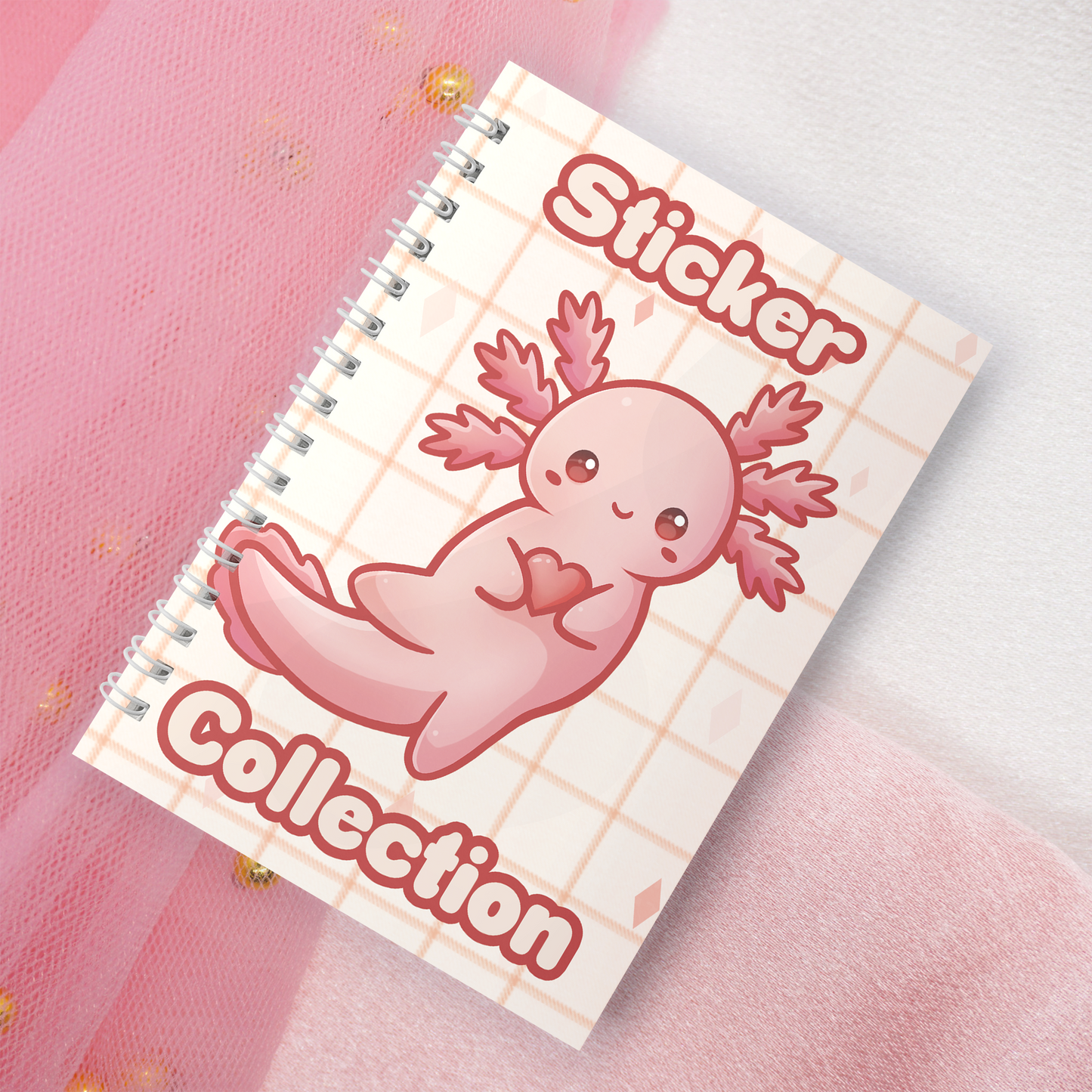 Wiederverwendbares Stickerbuch inkl. 2 zufällige Sticker | A5 | 32 Seiten | Reuseable Stickerbook | Kawaii Axolotl Heart Dark Pink