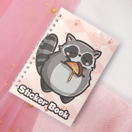 Wiederverwendbares Stickerbuch inkl. 2 zufällige Sticker | A5 | 32 Seiten | Reuseable Stickerbook | Kawaii Racoon Waschbär mit Pizza Motiv