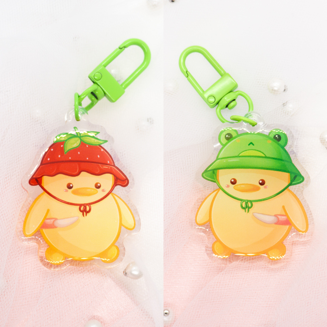 Kawaii Bird Duck with Knife and Frog or Strawberry Hat Keychain