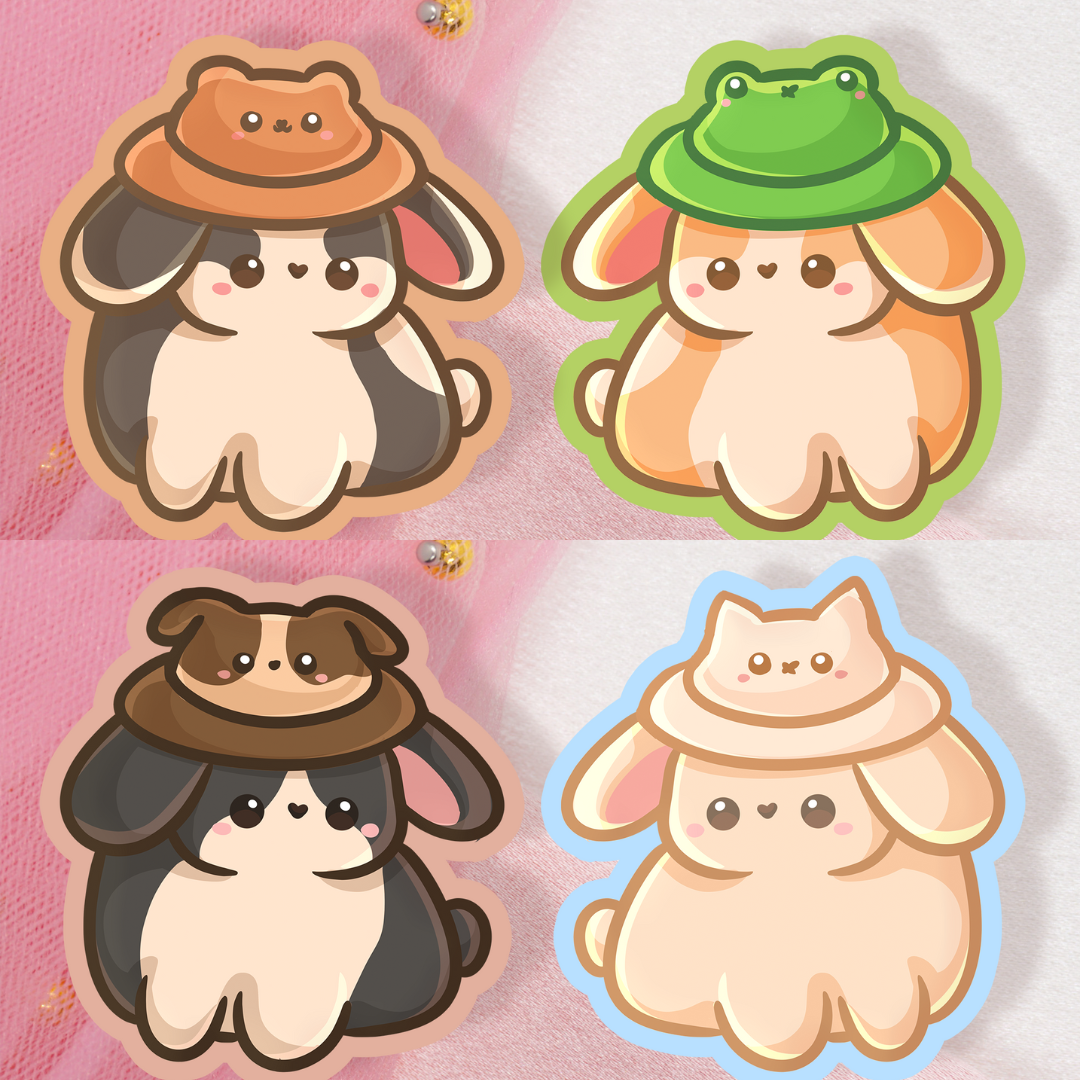 Cute animal sticker bunnies with hat