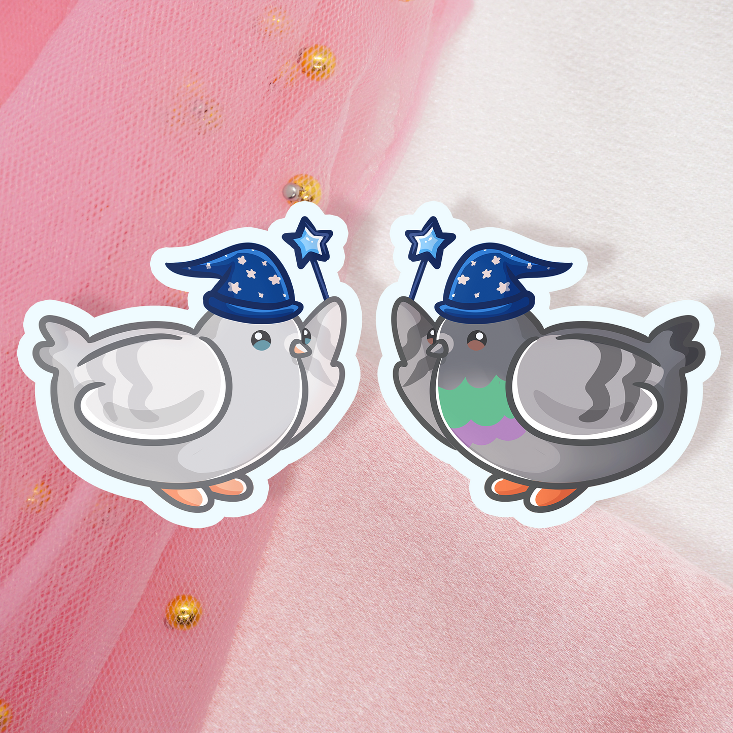 Cute Animal Sticker Pigeons with Magic Wand or Skateboard