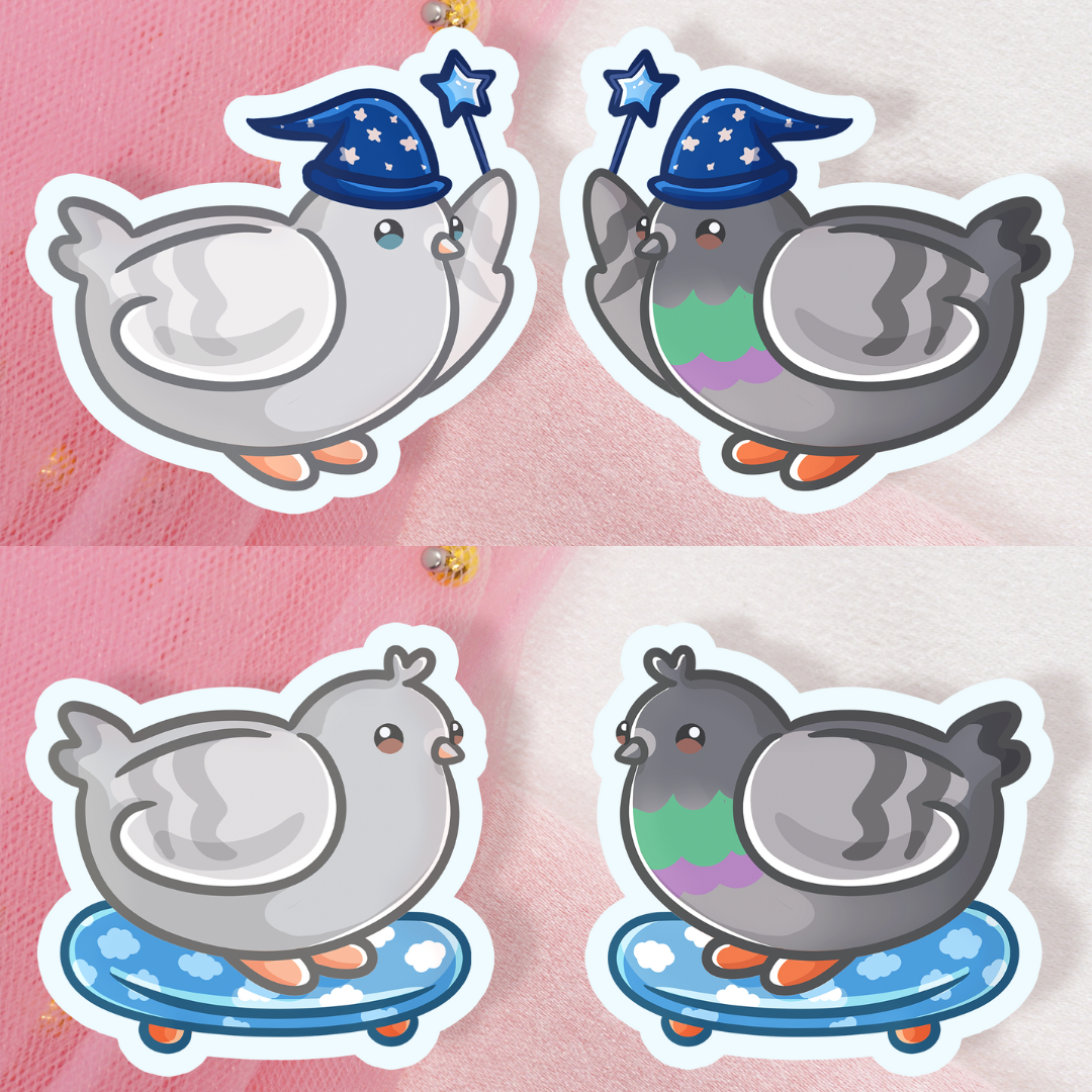 Cute Animal Sticker Pigeons with Magic Wand or Skateboard