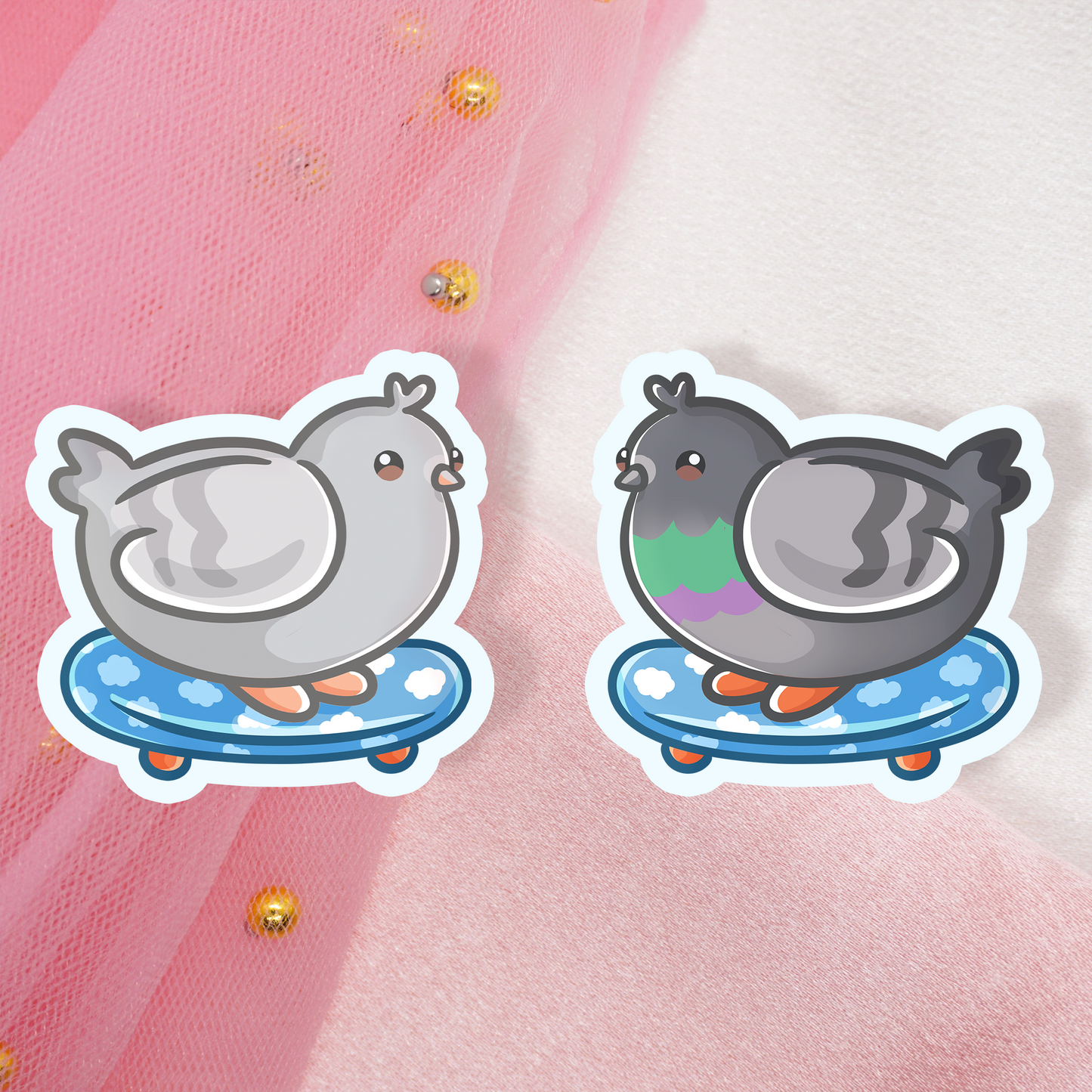 Cute Animal Sticker Pigeons with Magic Wand or Skateboard