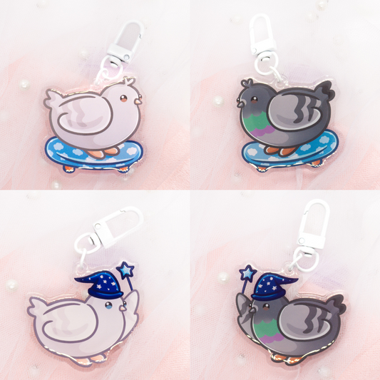 Kawaii pigeon with magic wand or skateboard keychain