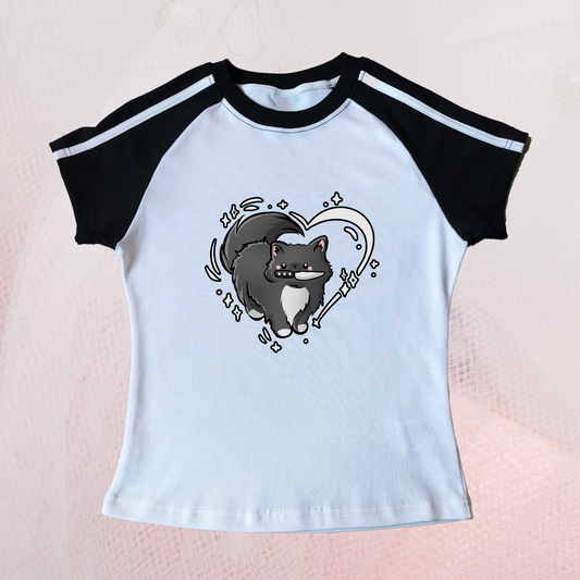 Kawaii Cat with Knife & Heart Slim Fit Crop Top